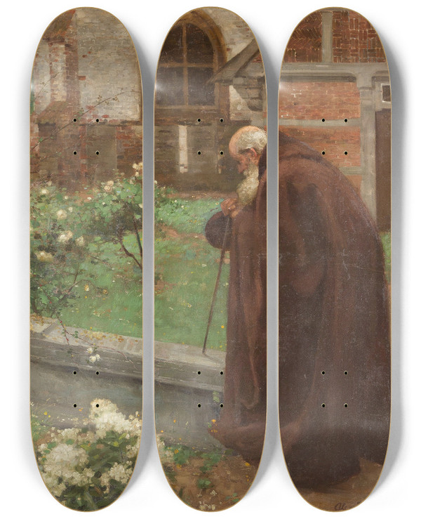 Triptych art skateboard deck of Alexander Bertrand Monk At The Monastery Garden by Alexander Bertrand (1877-1947)