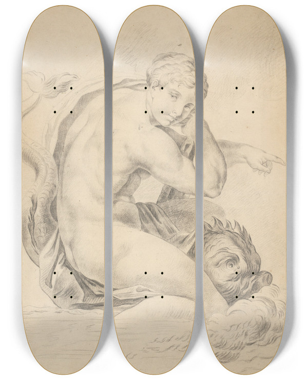 Triptych art skateboard deck of Gyula Benczr Woman With A Dolphin_2 by Gyula Benczur (1844-1920)