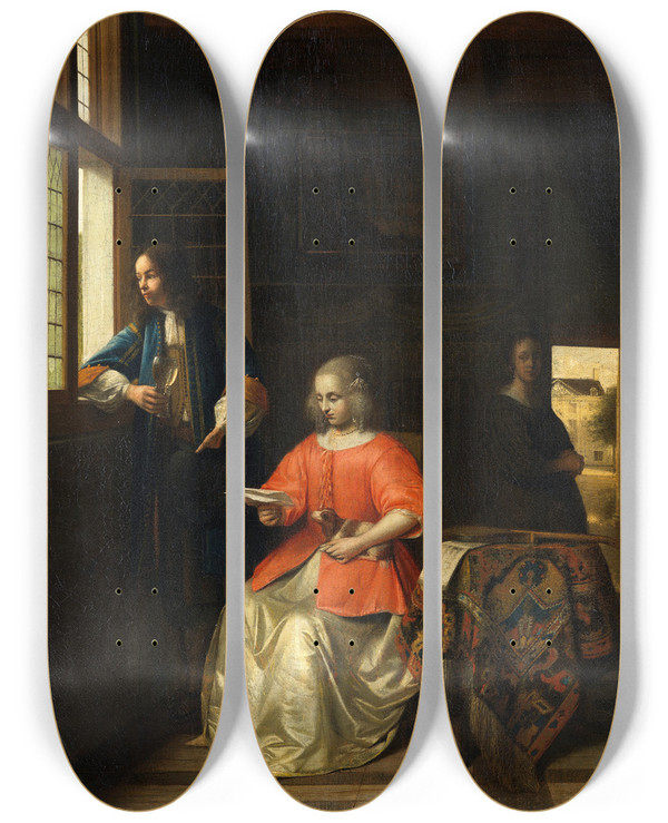 Triptych art skateboard deck of Pieter De Hooch Interior With A Young Lady Reading A Letter by Pieter De Hooch (1629-1684)