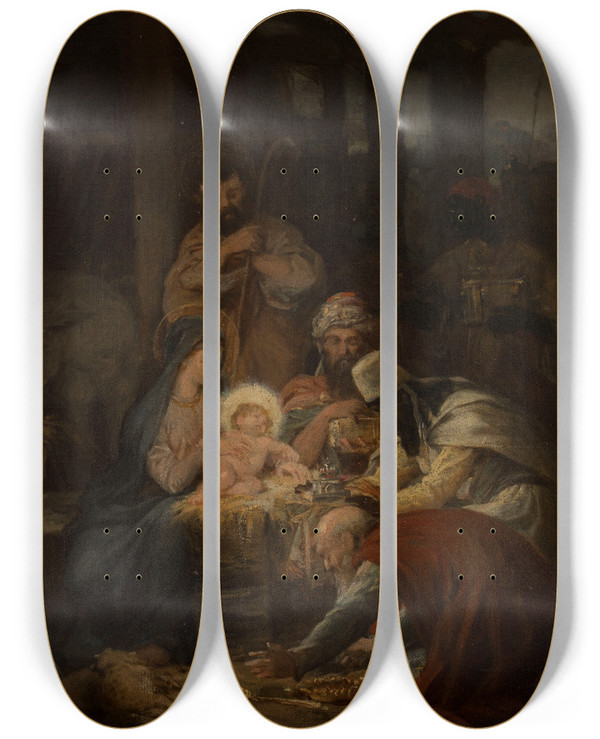 Triptych art skateboard deck of Oscarpierre Mathieu Ladoration Des Mages by Oscar Pierre Mathieu (1845-1881)