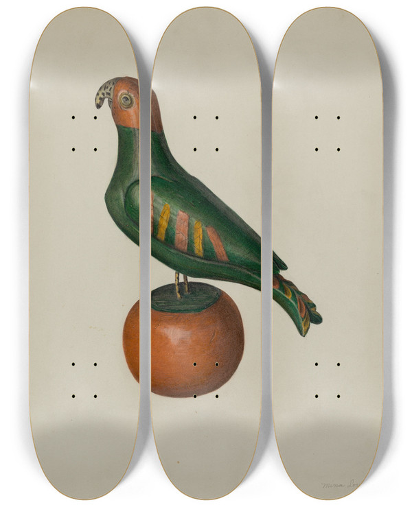 Triptych art skateboard deck of Mina Lowry Pa German Parrot by Mina Lowry (1894-1942)