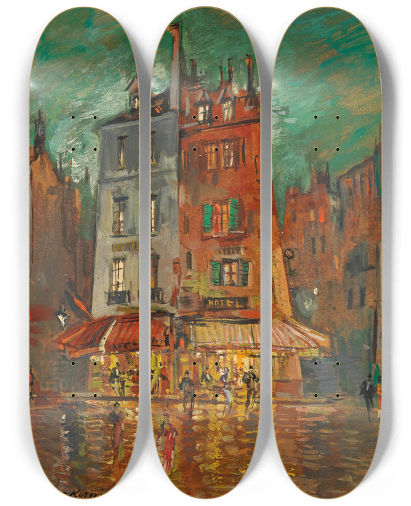 Triptych art skateboard deck of Konstantin Alexeevich Korovin Nchtliches Paris by Konstantin Alexeevich Korovin (1861-1939)