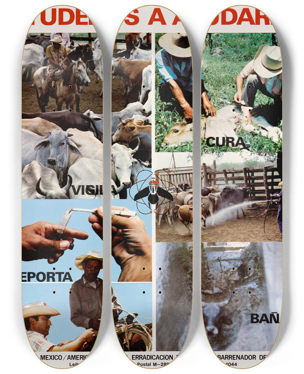 Triptych art skateboard deck of Us Information Agency Ayudenos A Ayudarle by U S Information Agency (1953-1999)