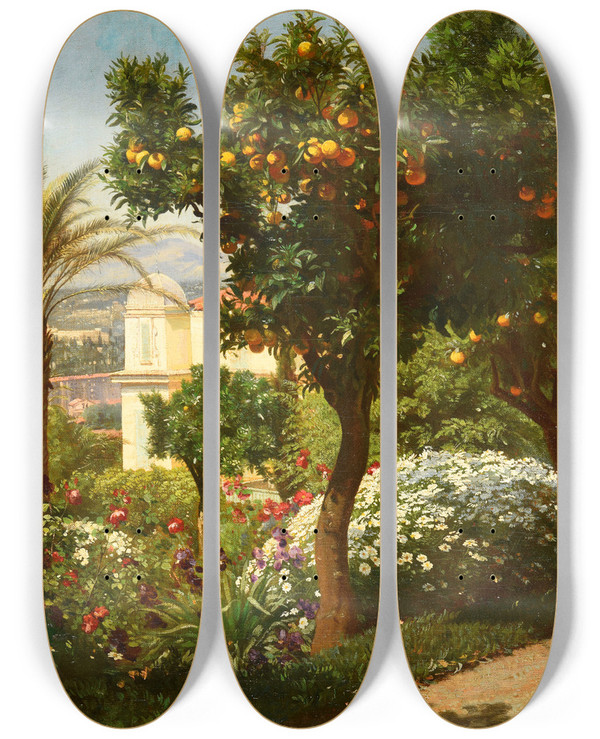 Triptych art skateboard deck of Francoislouis Franais Un Oranger Dans La Villa Frmy Nice by Francois Louis Francais (1814-1897)