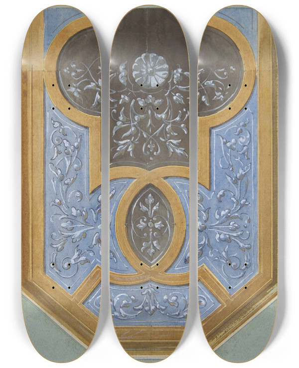 Triptych art skateboard deck of Julesedmondcharles Lachaise Design For The Decoration Of A Ceiling With Rinceaux by Jules-Edmond-Charles Lachaise (1897)