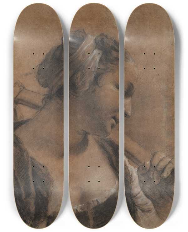 Triptych art skateboard deck of Giovanni Battista Piazzetta A Portrait Of Rosa With A Shoulder Stick by Giovanni Battista Piazzetta (1682-1754)