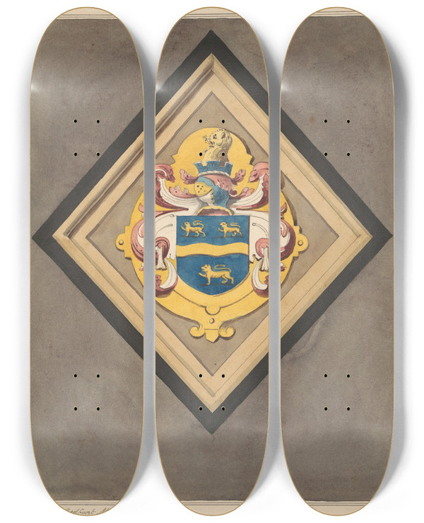 Triptych art skateboard deck of Daniel Lysons Coat Of Arms In Chancel At Bedfont Church by Daniel Lysons (1762-1834)