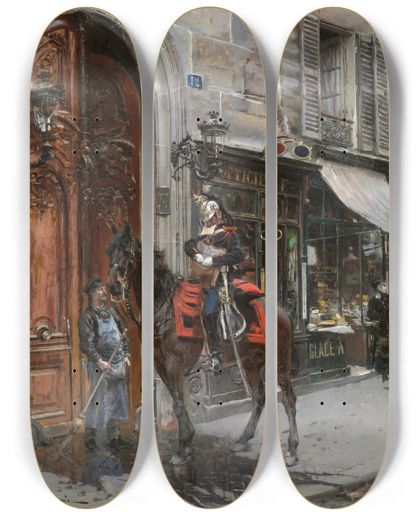Triptych art skateboard deck of Giovanni Boldini The Dispatchbearer by Giovanni Boldini (1842-1931)