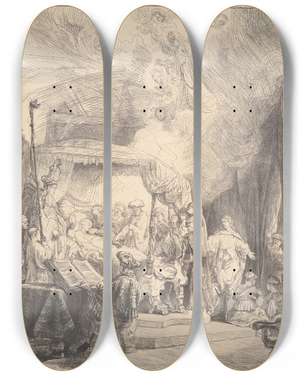 Triptych art skateboard deck of Rembrandt Van Rijn The Death Of The Virgin_2 by Rembrandt Van Rijn (1606-1669)