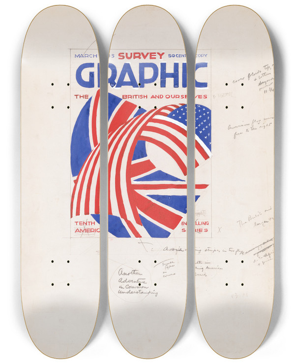 Triptych art skateboard deck of Winold Reiss Graphic Design For Cover Of Survey Graphic Magazine The British And Ourselves by Winold Reiss (1886-1953)