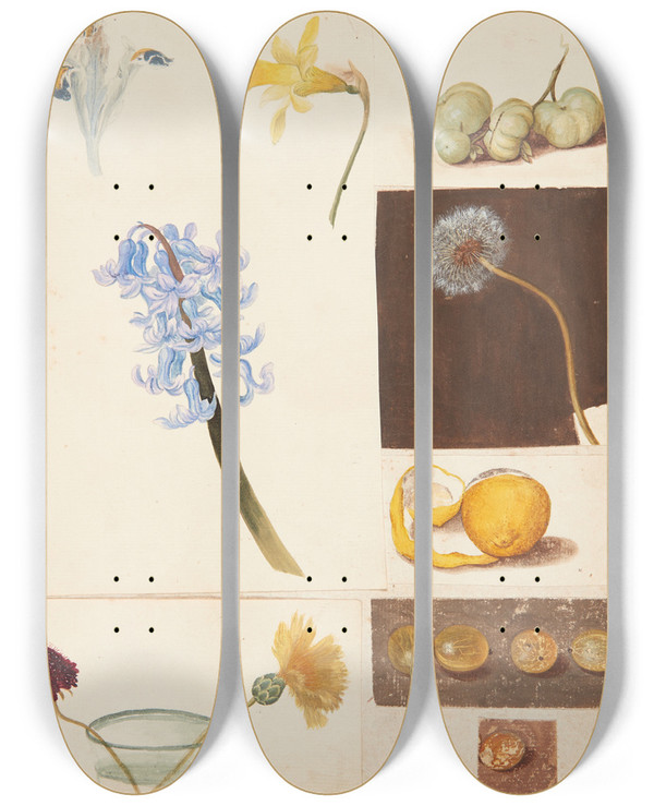 Triptych art skateboard deck of Johanna Fosie Studie Af Blomster Frugter Og Grnne Tomater by Johanna Fosie (1726-1764)