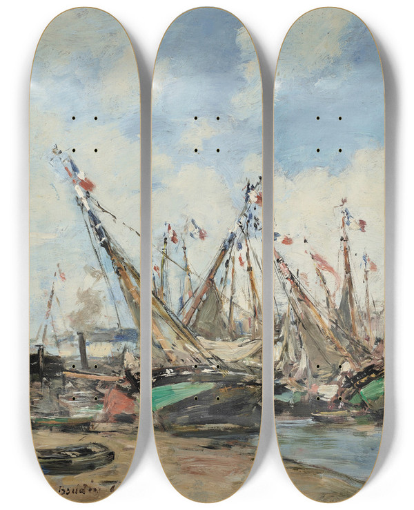 Triptych art skateboard deck of Eugne Boudin Trouville Le Port Voiliers Chous by Eugene Boudin (1824-1898)