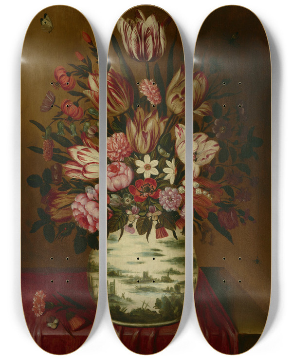 Triptych art skateboard deck of Hieronymus Wechinger Still Life With Flowers In A Porcelain Vase On A Draped Table by Hieronymus Wechinger