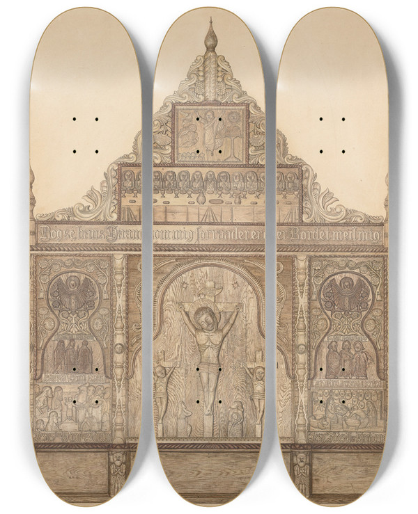 Triptych art skateboard deck of Raymond Neumann Decorah Altar by Raymond Neumann