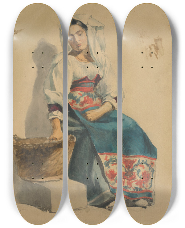 Triptych art skateboard deck of Vojtech Klimkovi Study Of A Sitting Woman by Vojtech Klimkovic (1833-1885)