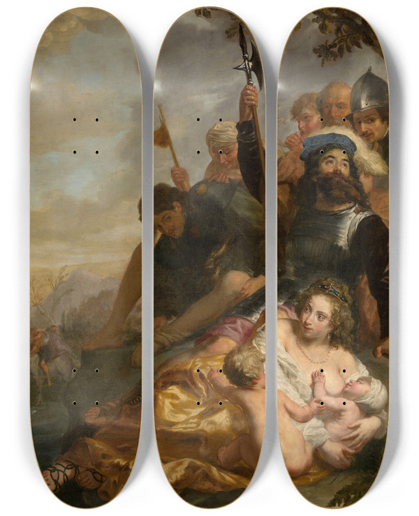 Triptych art skateboard deck of Peter Van Lint At The Watering Place by Peter Van Lint (1609-1690)