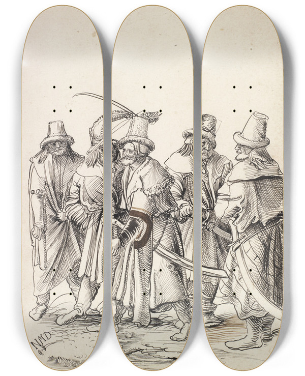 Triptych art skateboard deck of Niklaus Manuel Fnf Stradioten by Niklaus Manuel (1484-1530)