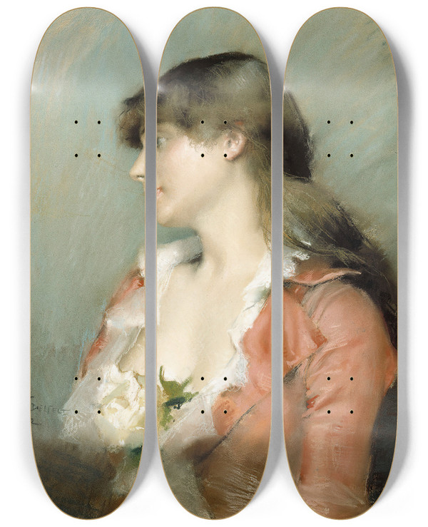 Triptych art skateboard deck of Albert Edelfelt Profile Of A Young Woman by Albert Edelfelt (1854-1905)