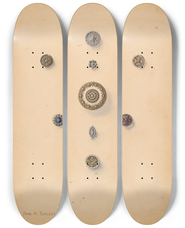 Triptych art skateboard deck of John H Tercuzzi Buttons_2 by John H Tercuzzi