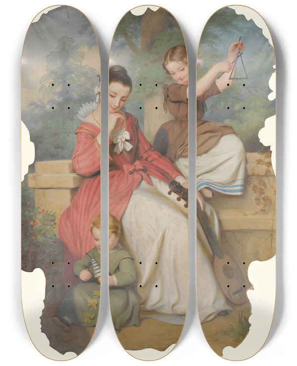 Triptych art skateboard deck of Continental School Girl With Two Children Playing Music by Continental School