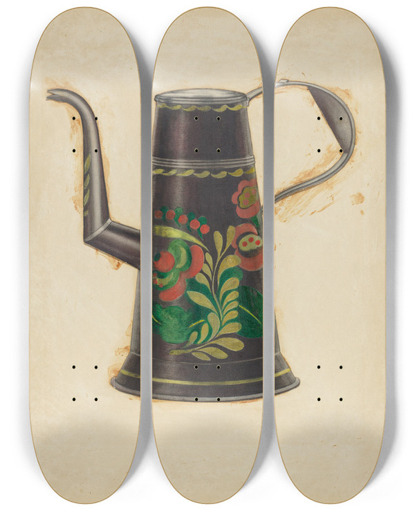 Triptych art skateboard deck of Ernest Graham Toleware Teapot by Ernest Graham