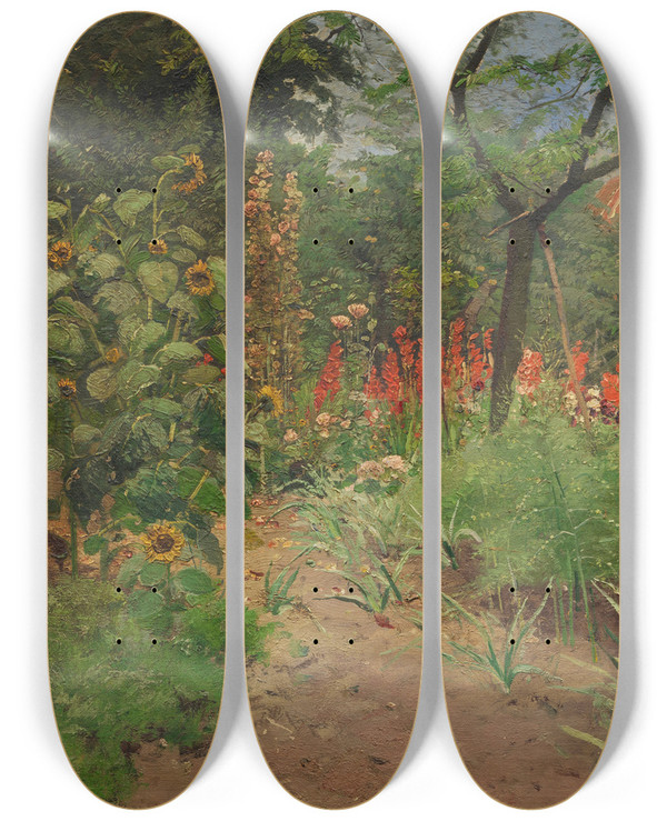 Triptych art skateboard deck of Hugo Mhlig Blumengarten by Hugo Muhlig (1854-1929)
