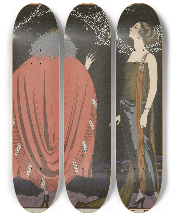 Triptych art skateboard deck of George Barbier Evening Attire_4 by George Barbier (1882-1932)