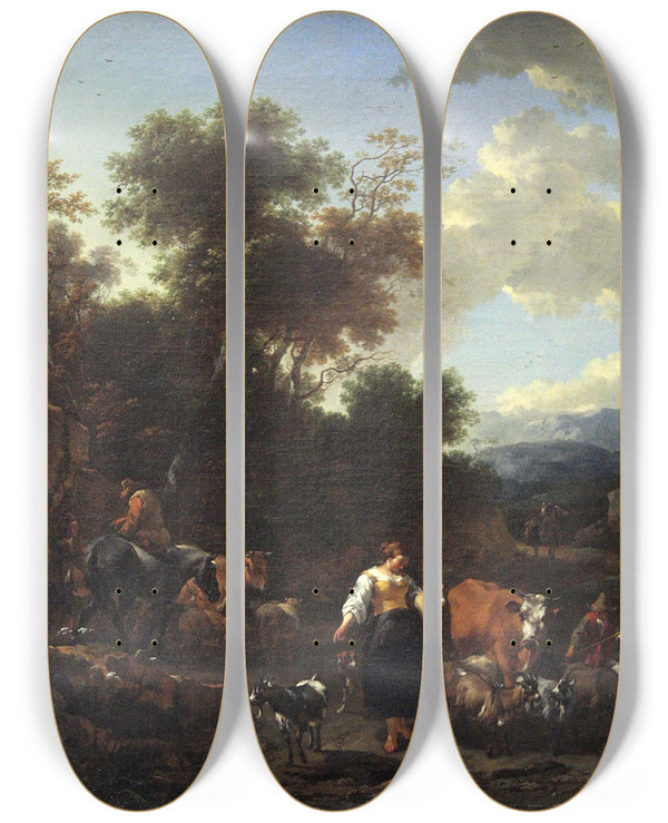 Triptych art skateboard deck of Nicolaes Pietersz Berchem Italian Landscape With Shepherds At A River_1 by Nicolaes Pietersz Berchem (1620-1683)