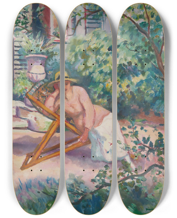 Triptych art skateboard deck of Henri Manguin Jeanne Dans Le Jardin De Neuilly_1 by Henri Manguin (1874-1949)