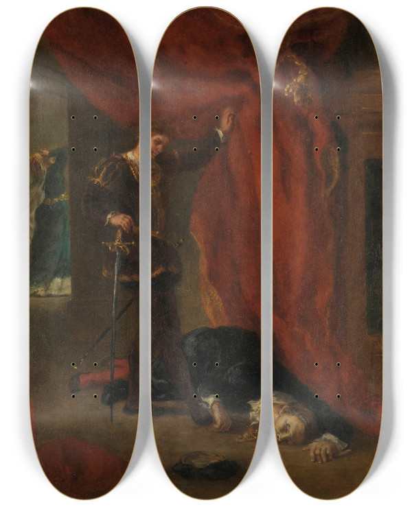 Triptych art skateboard deck of Eugne Delacroix Hamlet Devant Le Corps De Polonius by Eugene Delacroix (1798-1863)