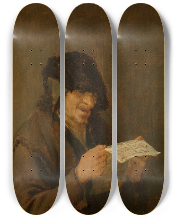 Triptych art skateboard deck of Adriaen Van Ostade Man Singing by Adriaen Van Ostade (1610-1684)