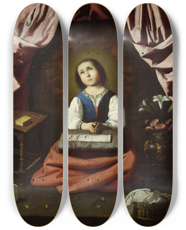 Triptych art skateboard deck of Francisco De Zurbarn The Young Virgin by Francisco de Zurbarn (1598-1664)