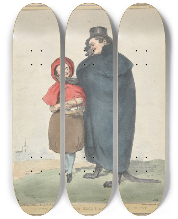 Triptych art skateboard deck of John Doyle Little Redriding Hoods Meeting With The Wolf by John Doyle (1939)