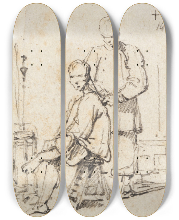 Triptych art skateboard deck of George Chinnery A Chinese Barber by George Chinnery (1774-1852)