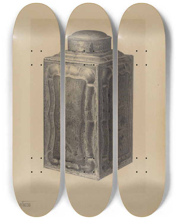 Triptych art skateboard deck of Amelia Tuccio Tea Caddy by Amelia Tuccio (20-)