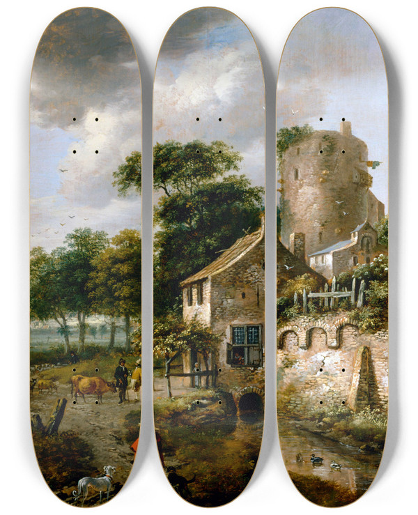 Triptych art skateboard deck of Roelof Jansz Van Vries Landscape With A Tower by Roelof Jansz. van Vries (1631-1681)