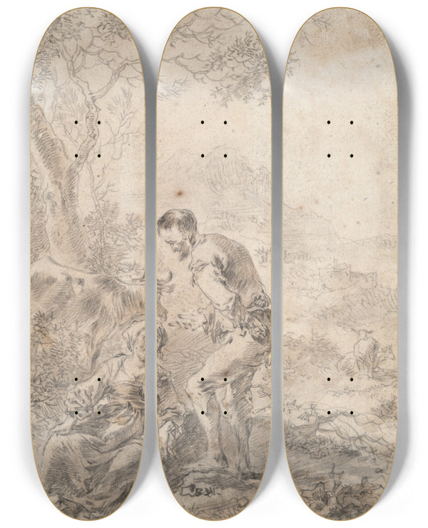 Triptych art skateboard deck of Abraham Jansz Begeyn Farmers In A Landscape by Abraham Jansz Begeyn (1637-1697)