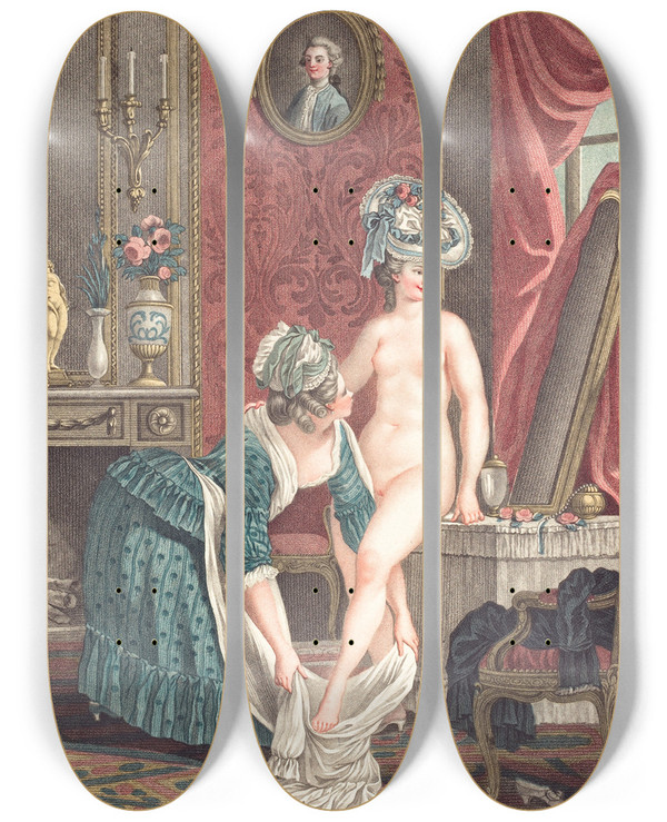 Triptych art skateboard deck of Louismarin Bonnet La Toilette by Louis Marin Bonnet (1736-1793)