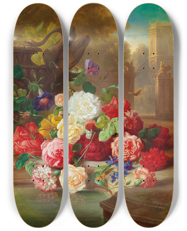 Triptych art skateboard deck of Josef Schuster Blumenstck Mit Schmetterling In Einer Parklandschaft by Josef Schuster (1812-1890)
