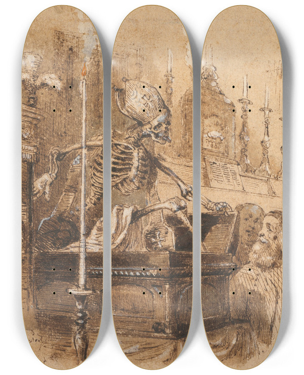 Triptych art skateboard deck of J J Grandville The Relics by J J Grandville (1803-1847)