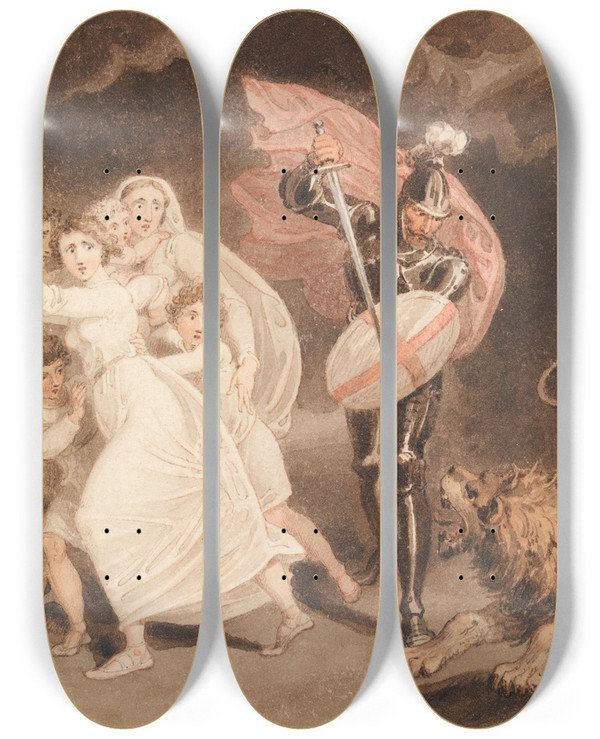 Triptych art skateboard deck of Richard Westall Greathearts Battle With Grim by Richard Westall (1765-1836)