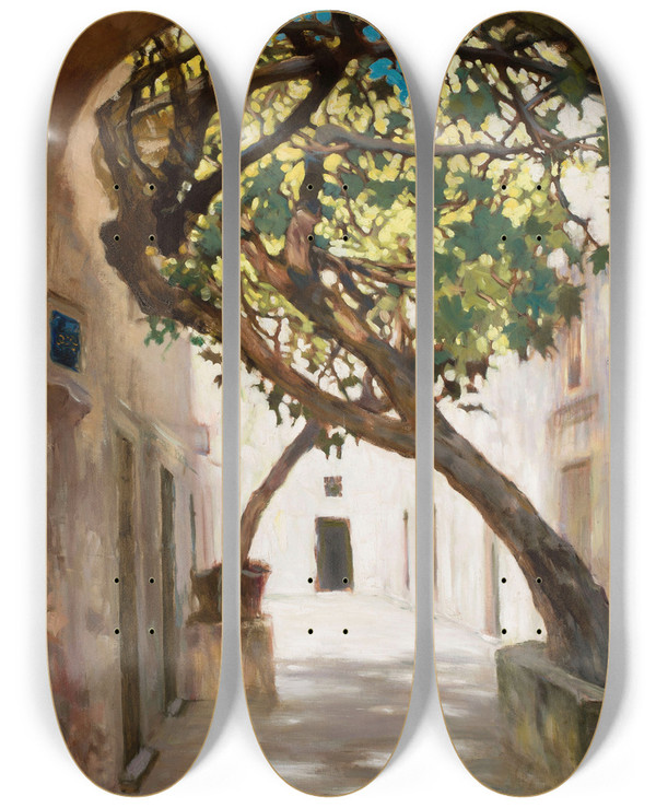 Triptych art skateboard deck of Kazimierz Stabrowski Street In Sarajevo by Kazimierz Stabrowski (1869-1929)