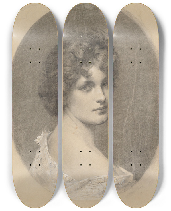 Triptych art skateboard deck of Julie Wilhelmine Hagenschwarz Portrait Of A Young Lady by Julie Wilhelmine Hagen-Schwarz (1824-1902)
