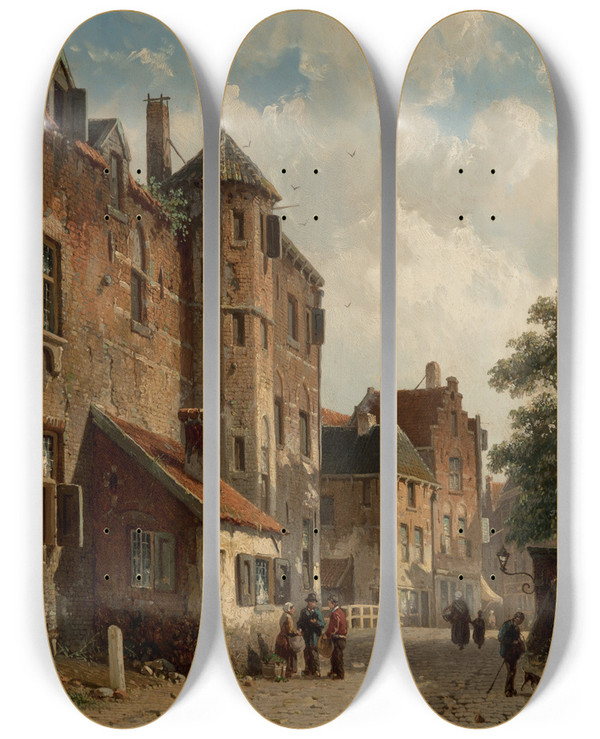 Triptych art skateboard deck of Adrianus Eversen View Of A Sunlit Dutch Street Scene by Adrianus Eversen (1818-1897)