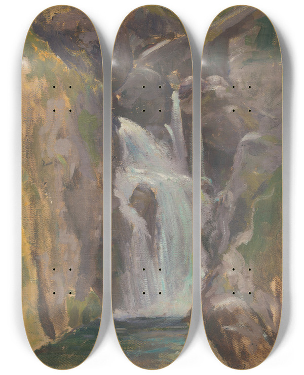 Triptych art skateboard deck of Ferdinand Katona Waterfall by Ferdinand Katona (1864-1932)