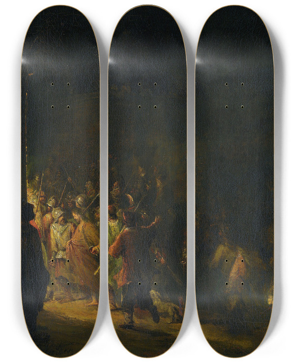 Triptych art skateboard deck of Aert De Gelder The Arrest Of Christ by Aert de Gelder (1645-1727)
