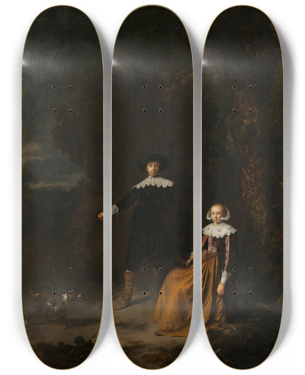 Triptych art skateboard deck of Gerrit Dou Portrait Of A Couple In A Landscape by Gerrit Dou (1613-1675)