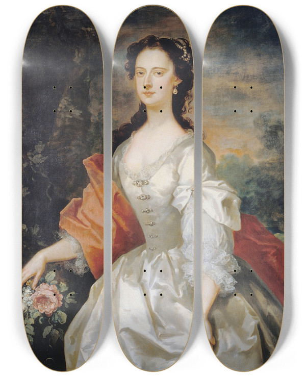 Triptych art skateboard deck of John Vanderbank Portrait Of A Woman In White by John Vanderbank (1694-1739)