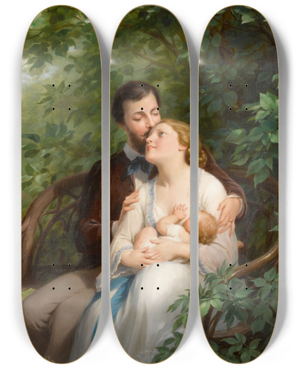 Triptych art skateboard deck of Fritz Zuberbhler Feeding The Baby by Fritz Zuber-Bhler (1822-1896)