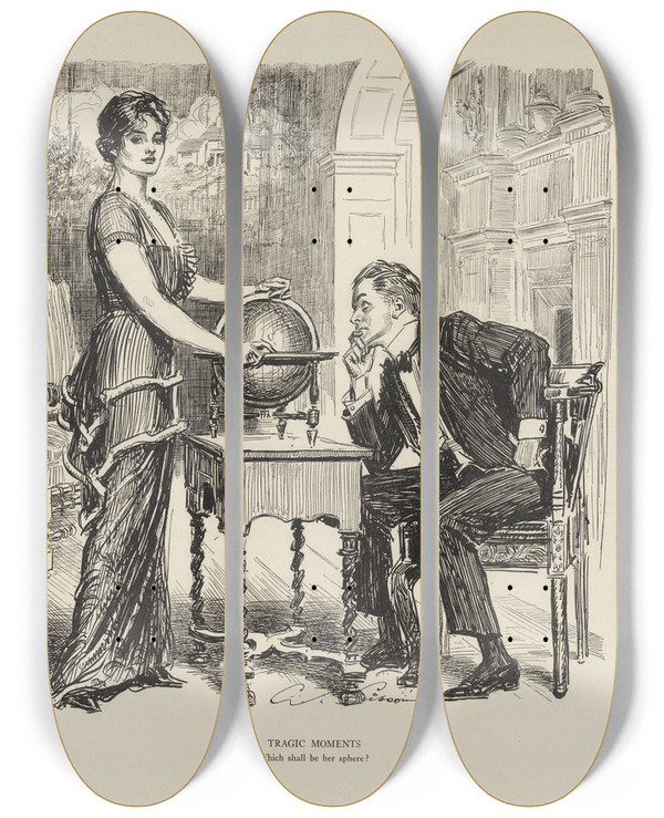 Triptych art skateboard deck of Charles Dana Gibson Tragic Moments Which Shall Be Her Sphere by Charles Dana Gibson (1867-1944)